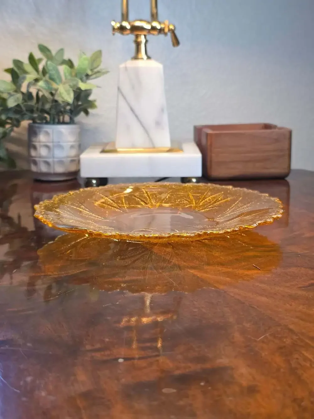 Vintage Indiana Glass Amber Tree of Life Pebbled Leaf Salad Plate